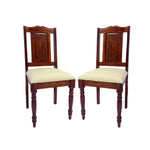 Two solid wood dining chairs with beige cushions, front view.