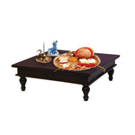 A solid wood bajot for pooja in walnut finish with decorative items on top, set against a white background.