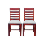 A pair of wooden dining chairs with a solid pattern, featuring a reddish-brown wood finish and gray fabric seats.
