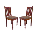 A pair of wooden dining chairs with upholstered seats, one in a brown color with a striped pattern, the other in a natural wood finish.