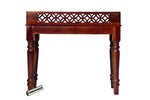 Wooden console table with lattice design on a white background