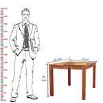 Wooden table with dimensions labeled next to a line drawing of a person for scale.
