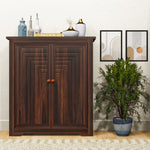A wooden shoe rack with cabinet storage placed in a living room setting, featuring two brown doors and set against a wall with a decorative plant to the right.