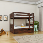 Wooden bunk bed in a room with toys and decor