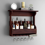 A wooden hanging wine rack bar with glass holder, in walnut finish, mounted on a wall with bottles and glasses arranged on it, and a clock and plant decor beside it.