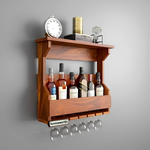 Wall-mounted wooden wine rack bar with glass holders, displaying bottles of wine and glasses. Includes a clock and decorative items on the top shelf.