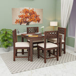 Dining set with wooden table and chairs in a room with a painting on the wall.