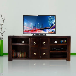 A wooden TV cabinet with drawers, featuring a flat-screen TV on top, set against a white background with green accents to the sides.