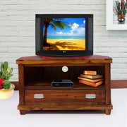 A wooden TV cabinet with a provincial teak finish, featuring a flat-screen TV on top and two drawers.