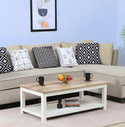 A rectangular solid wood coffee table with a lower shelf, placed on a white carpet with a sofa, decorative items, and a framed picture in the background.