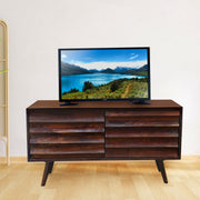 Mango wood TV cabinet with 2 doors in a walnut finish, with a flat-screen TV on top.