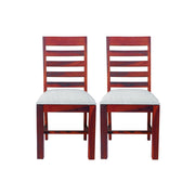 A pair of wooden dining chairs with a solid pattern, featuring a reddish-brown wood finish and gray fabric seats.