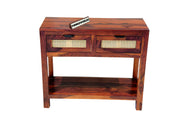 Wooden Rattan Cane Console table With 2 drawer In Honey Finish