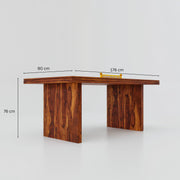 Wooden L-shaped desk with dimensions indicated on a white background