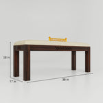 Wooden bench with beige cushion and 'Furniseworlds' branding, shown with dimensions on a light gray background.