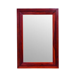 Rectangular wooden frame decorative wall mirror, with a clear mirror in the center, set against a plain background.