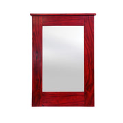 A rectangular red wood framed decorative wall mirror with a white mirror surface, isolated on a white background.