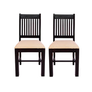 Two solid wood dining chairs with a walnut finish and beige upholstered seats, viewed from a slight angle.