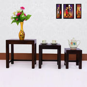 Wooden Nesting Tables Set of 3 Stools for Living Room in Walnut Finish