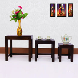 Wooden Nesting Tables Set of 3 Stools for Living Room in Walnut Finish
