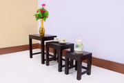 Wooden Nesting Tables Set of 3 Stools for Living Room in Walnut Finish