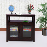 A wooden bookshelf with two glass doors, a lower shelf, and upper storage space, presented in a walnut finish. The bookshelf is positioned in a room with a plant and decorative items on top, books on the shelves, and a globe on the left side.