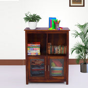 A wooden bookshelf with two glass doors and multiple shelves, featuring a dark finish.