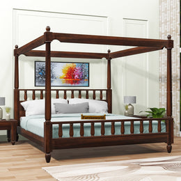 A king-size wooden bed frame with a walnut finish, displayed in a bedroom setting with a poster on the wall above the bed.
