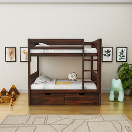 Wooden bunk bed in a room with toys and plants