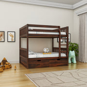 Wooden bunk bed in a room with toys and decor
