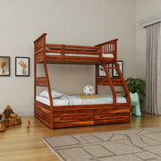 Wooden bunk bed in a room with toys and decor