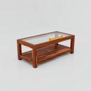 Solid Wood Coffee Table With Glass for Living Room in Natural Finish