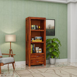 Wooden bookshelf with books and decor items against a green wall with a lamp and plant.