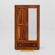 Solid Sheesham Wood Wardrobe with Mirror for Bedroom in Honey Finish