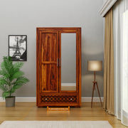 Solid Sheesham Wood Wardrobe with Mirror for Bedroom in Honey Finish