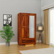 Solid Sheesham Wood Wardrobe with Mirror for Bedroom in Honey Finish