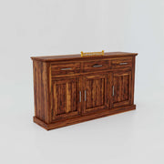 Wooden sideboard with three drawers and three doors on a white background