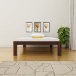 Wooden bed with white mattress in a room with framed pictures and a plant.