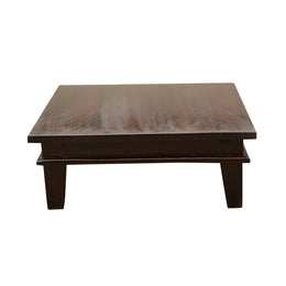 A rectangular solid wood pooja chowki with a walnut finish.