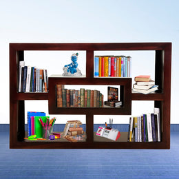 A solid wood open bookshelf in walnut finish, with multiple shelves holding books, decorative items and other objects.