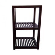 A three-tier solid wood shoe rack in walnut finish with slatted shelf design.
