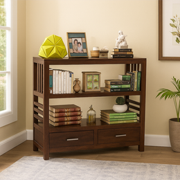 Wooden bookshelf with books, decor items, and a plant in a room with a window.